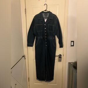 Jordache stretchy Denim cinched waist denim jumpsuit boiler suit large 12 14